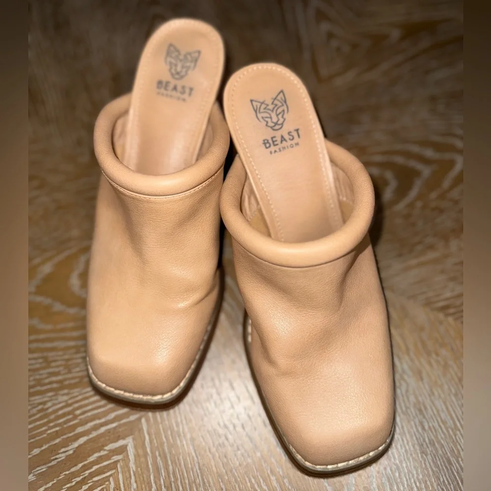 Beast Fashion Francesca Block Heel Mules Square-Toe Design Taupe Tan Size 8.5 - Picture 3 of 10